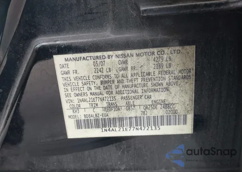 2007 Nissan Altima 2.5 S from USA, damaged, VIN 1N4AL21E77N472135